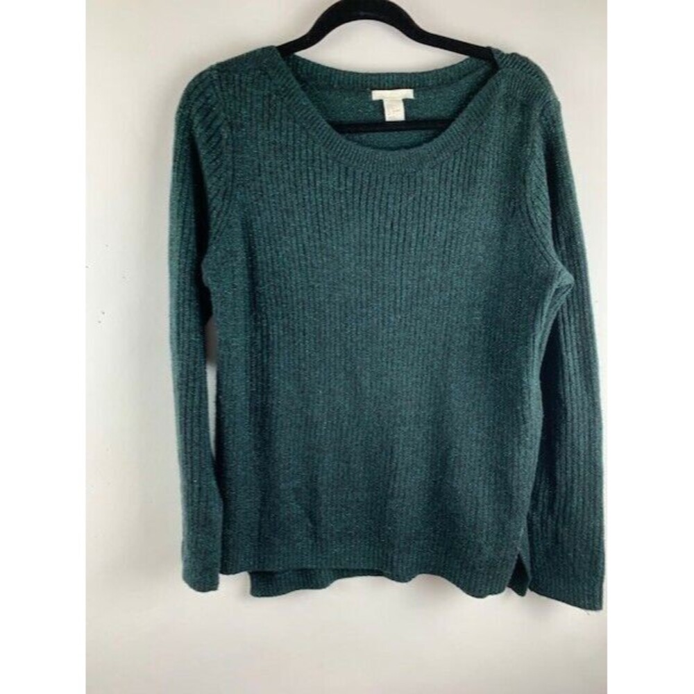 H & M Womens Size M Sweater Dark Green With  Metallic Thread Boat Neck High Low